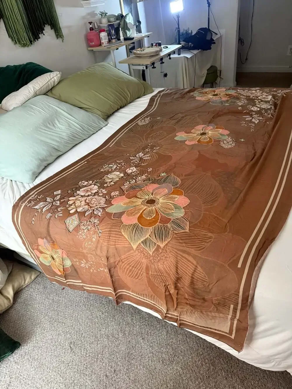 Vintage Brown Floral Print Lightweight Oblong  Silk Scarf